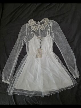 Parisian Collection White Sheer Dot Mesh Dress with Embellished Collar